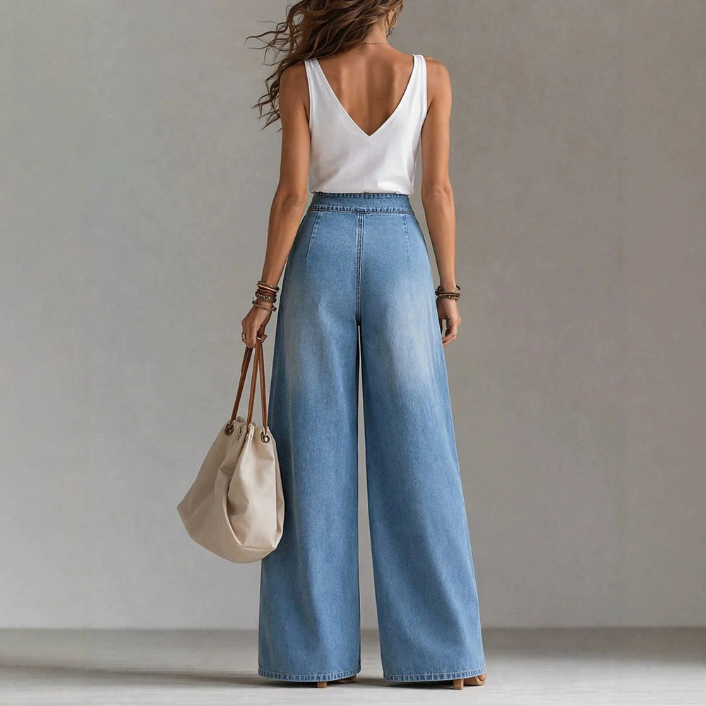 Fashionjeans women's double-button high waist large patch pocket wide-leg pants export light blue washed elastic waist denim women's pants