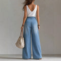 Fashionjeans women's double-button high waist large patch pocket wide-leg pants export light blue washed elastic waist denim women's pants