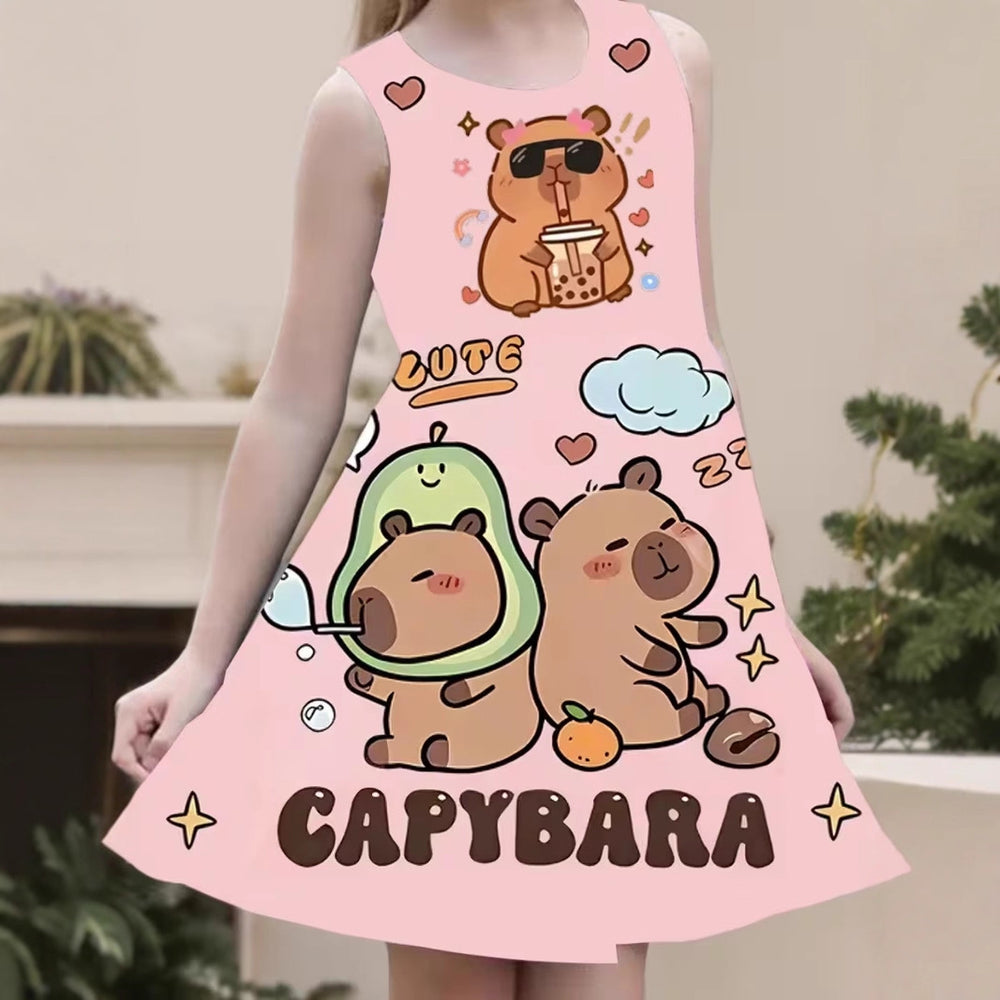 Trendy animal cute capybara print sleeveless summer dress - 100% polyester, machine washable