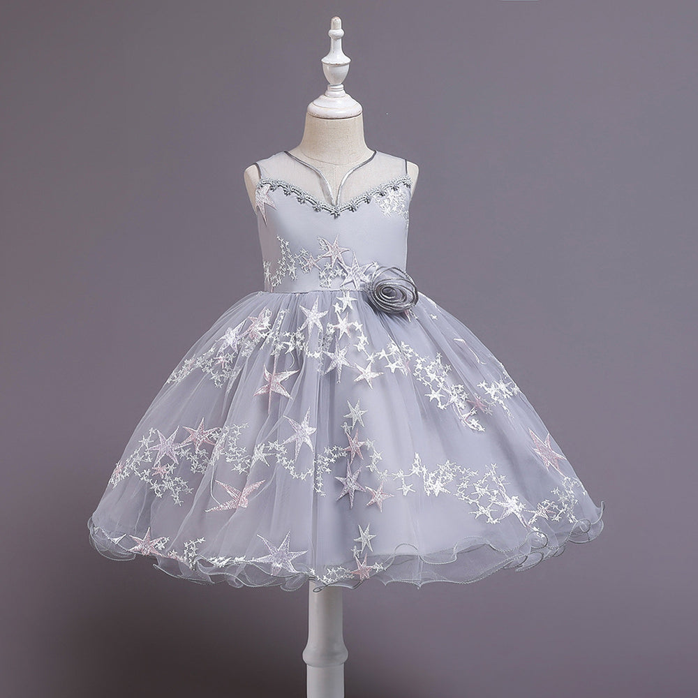 New princess dress for kids, sleeveless printed princess gown, girls' white dress, flower girl dress - in stock