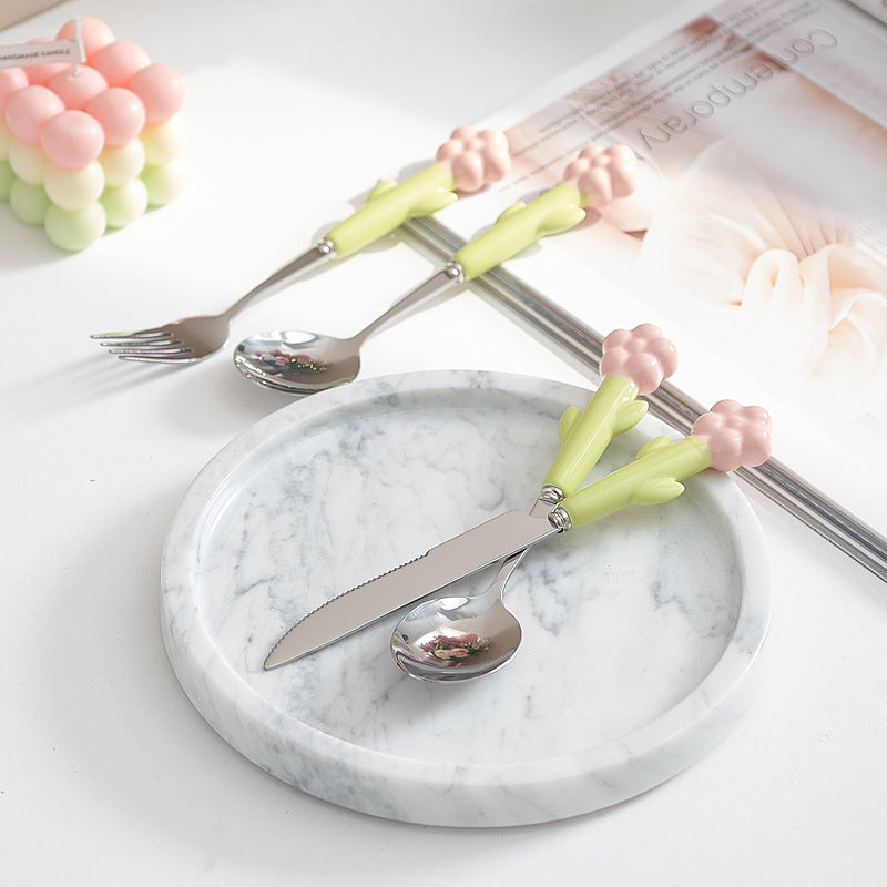 Creative stainless steel cutlery with ceramic handles - kids' dessert forks, multi-purpose western dinnerware, sunflower steak knife