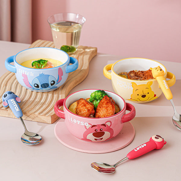 Strawberry Bear Children's Bowl Cartoon Ceramic Bowl Household Binaural Bowl Cute Double Handle Bowl Baby Supplementary Food Bowl Rice Bowl Noodle Bowl
