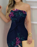 european and american style new summer collection: navy blue fashionable trendy printed asymmetrical twist knot off-the-shoulder bodycon dress