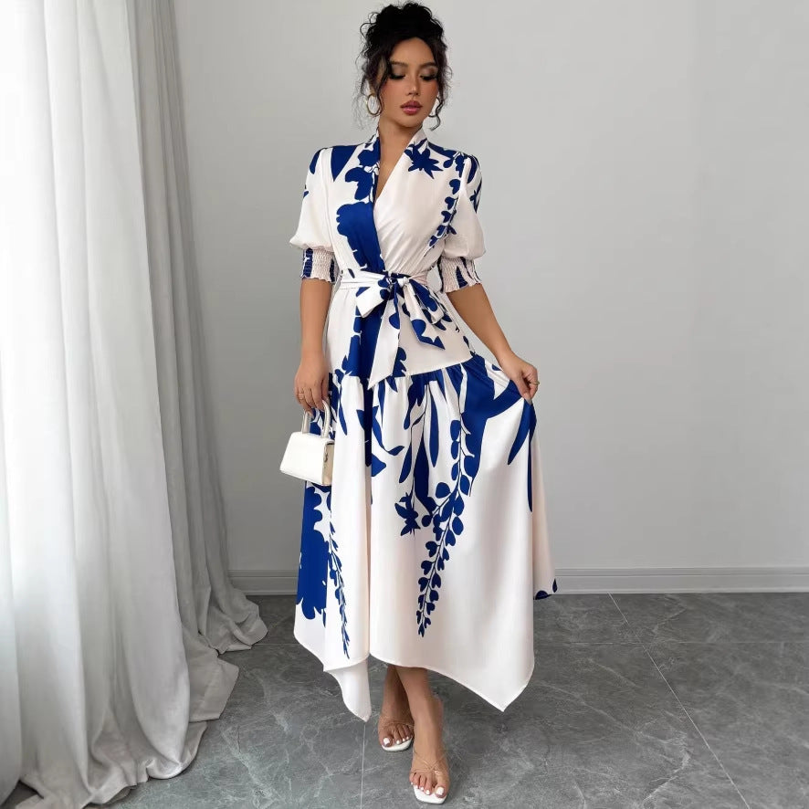 european and american style printed v-neck women's dress - new arrival