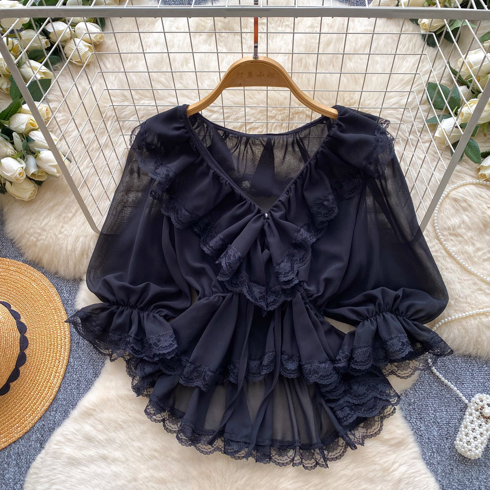 French chic v-neck lace ruffle blouse - women's summer long sleeve tie-waist slimming elegant top
