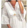european and american  spring new arrivals: european and american export v-neck hollow-out lace flared sleeve dress