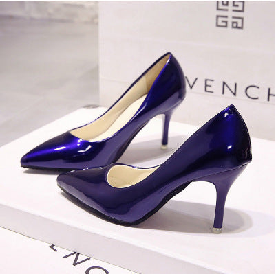 European style nude stiletto heels pointed toe black work pumps women's patent leather blue plus size shoes red wedding shoes