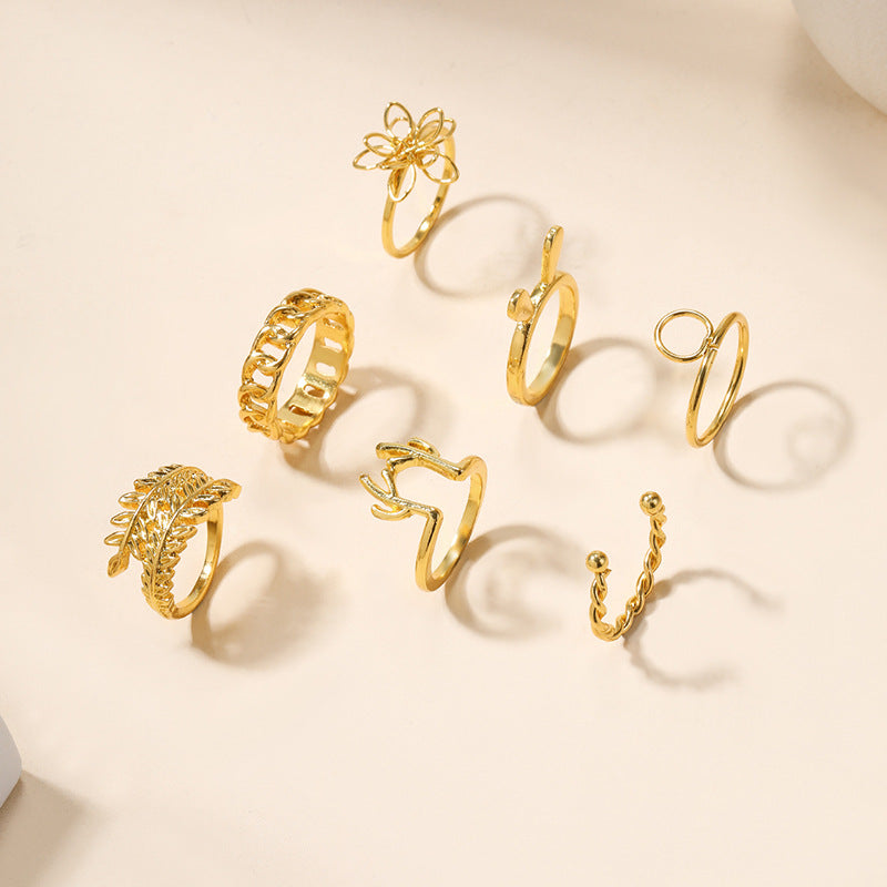 18k ring wholesale european and american cross-border ins style jewelry retro gold leaf flower rabbit horn stacked ring set for women