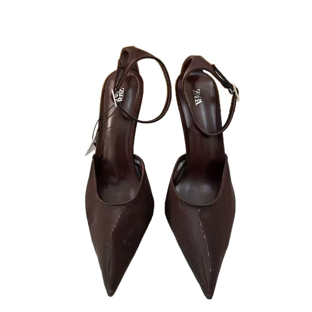 Za's 2025 new women's low-heel elegant court shoes, closed-toe pumps with ankle strap, mesh brown