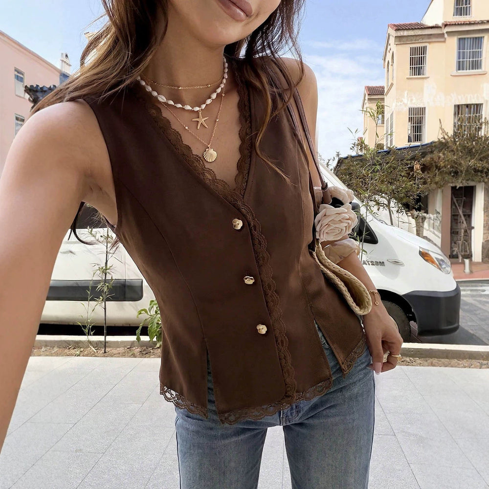 gentle style lacevest dark brown v neck lace single-breasted silm slit sleeveless outer shirt