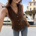 gentle style lacevest dark brown v neck lace single-breasted silm slit sleeveless outer shirt