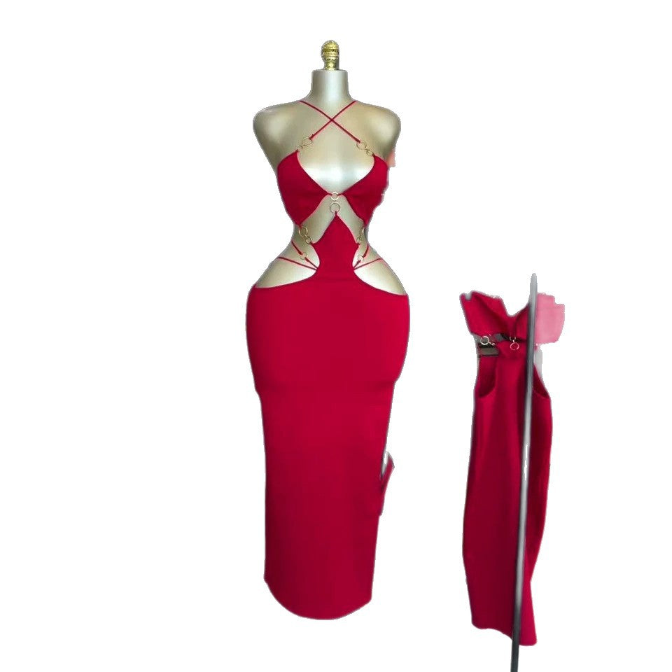 European and american cross-border women's fashion:  summer new arrivals - sexy and elegant ring-embellished, slim-fit, backless cami dress