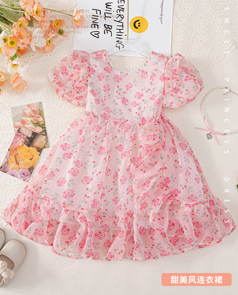 girl's pastoral style floral dress medium longprintingfashion style kids beach skirt fresh skirt