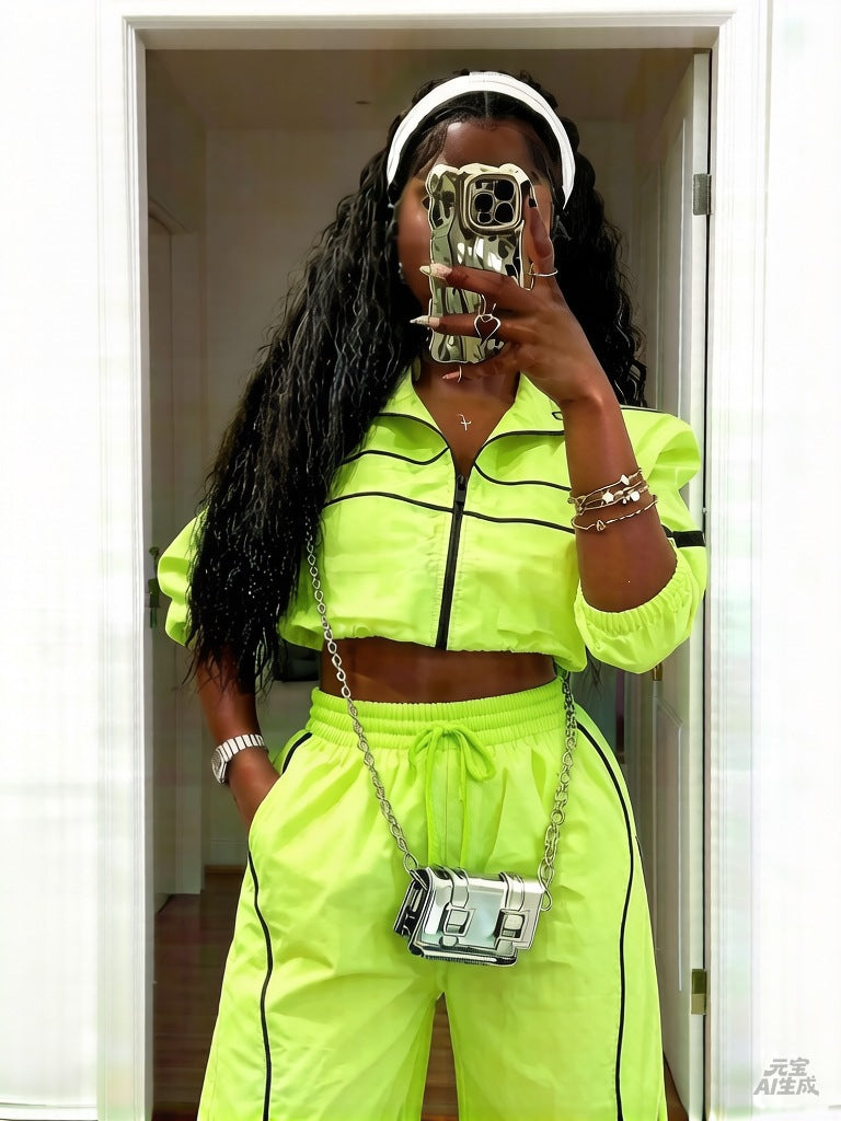 713 women's pant suit: fashionable sporty style zipper drawstring hem jacket + pocket wide-leg pants