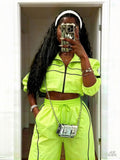 713 women's pant suit: fashionable sporty style zipper drawstring hem jacket + pocket wide-leg pants