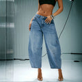 Fashionjeans women's patchworkhigh waist cocoon type scimitar pants retro light blue looseslimming lookshortloose pantsjeans
