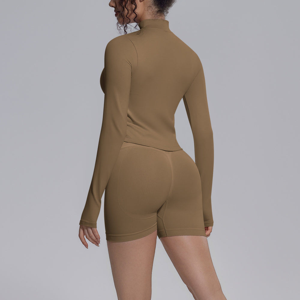 seamless pure color tight high elastic breathable stand collar zipper outwear sports running fitness yoga suit for women