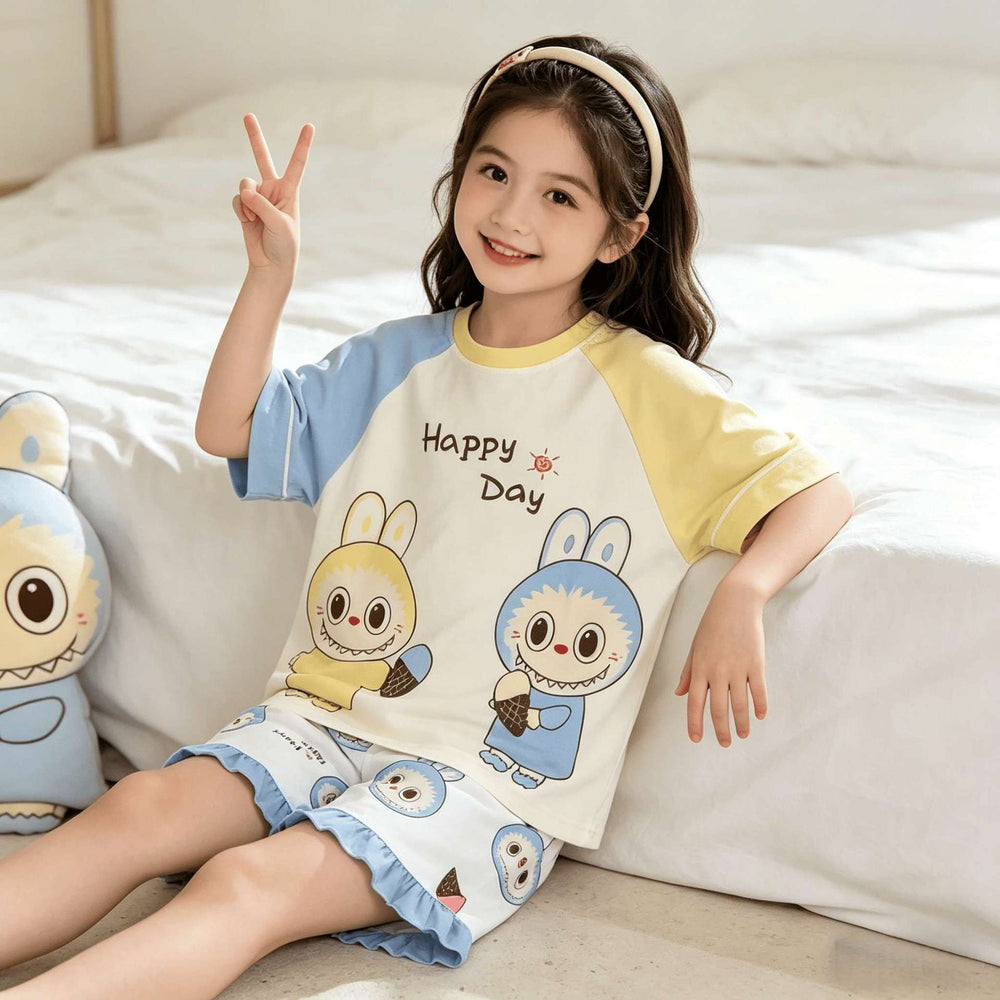 [family style] girls' zhongda tong pajamas suit summer short sleeve baby cartoon cute home clothes nightgown