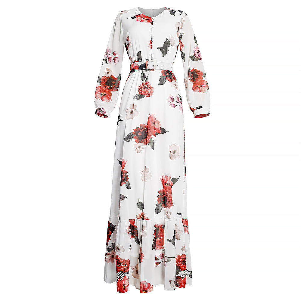 women's plus size cross-border e-commerce new v-neck long sleeve maxi chiffon african print dress with belt