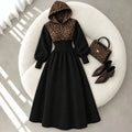 cross-border fashion women's versatile casual hooded leopard print patchwork a-line long slimming dress