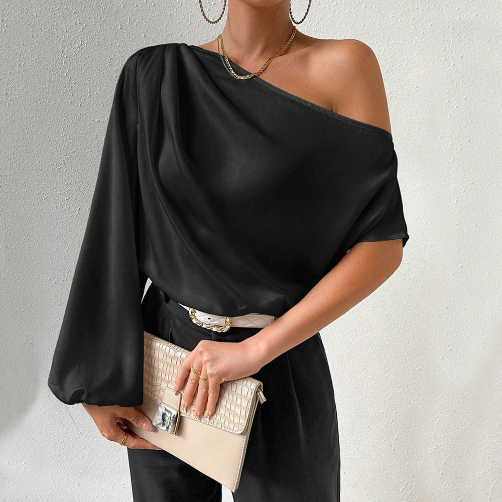 european and american women's clothing  fall/winter elegant one-shoulder long sleeve sexy off-the-shoulder loose fit asymmetrical neckline designer top