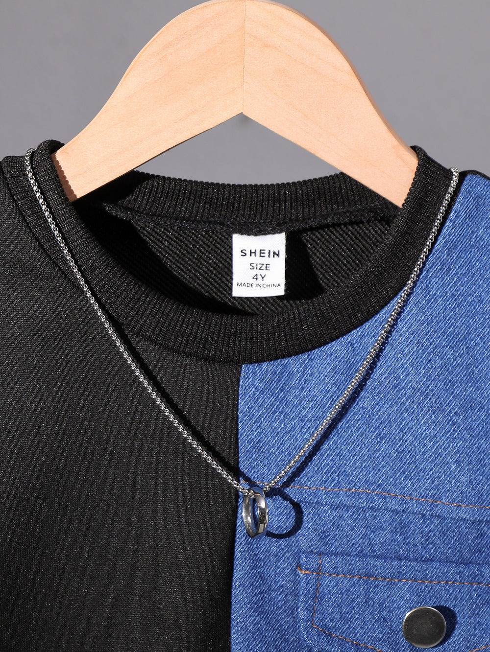 children's autumn and winter denim suit black round neck denim patchwork sweatshirt + denim pants suittwo-piece set