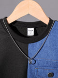 children's autumn and winter denim suit black round neck denim patchwork sweatshirt + denim pants suittwo-piece set