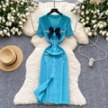 Korean style socialite v-neck knitted dress - women's summer bowknot rhinestone embellished slimming design - stunning elegant long dress