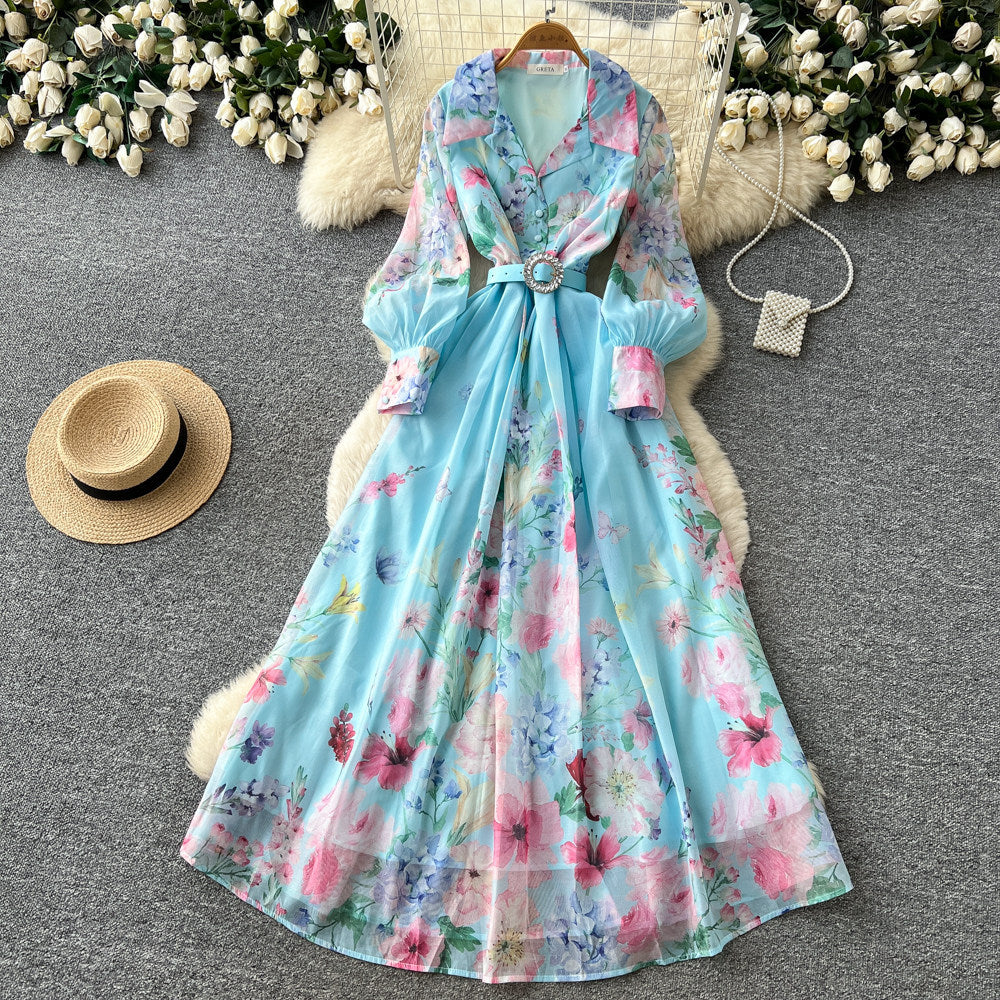 French holiday style printingsilm dress for women spring & fallv neck lantern sleeves waist strap a-line work clothing long skirt