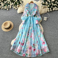 French holiday style printingsilm dress for women spring & fallv neck lantern sleeves waist strap a-line work clothing long skirt