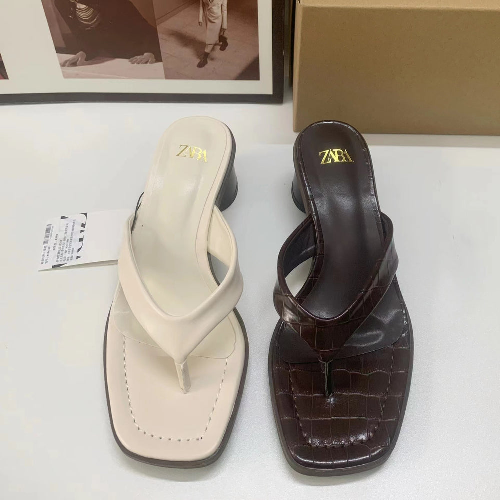 Za summer new 2024 fashionable versatile square toe thong sandals high heel chunky heel round heel sandals for women