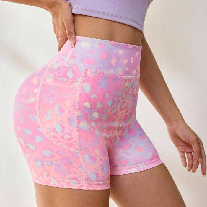 Spring new dopamine print high-waisted yoga shorts - women's tummy control, butt-lifting workout shorts for running