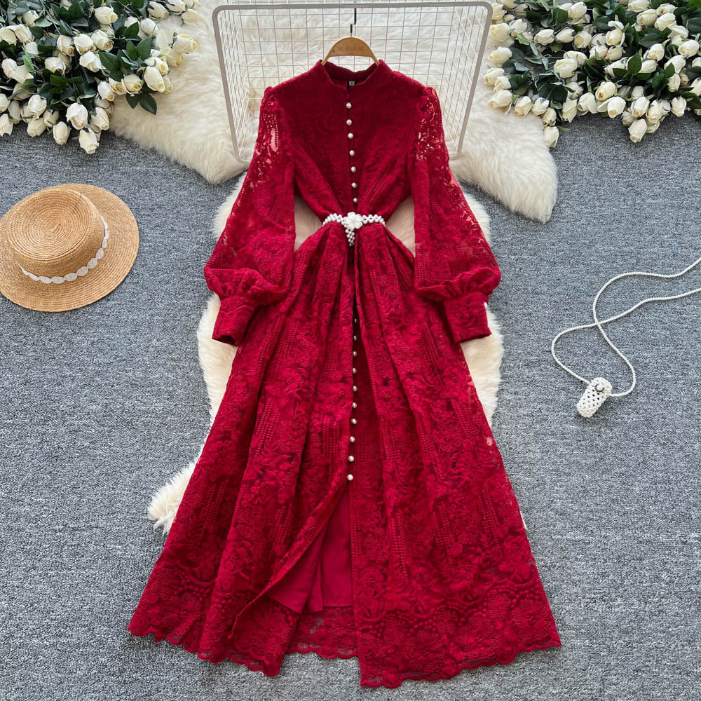 French retro court style beaded single-breasted tie-waist embroidered mesh dress - women's elegant maxi dress