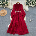 French retro court style beaded single-breasted tie-waist embroidered mesh dress - women's elegant maxi dress