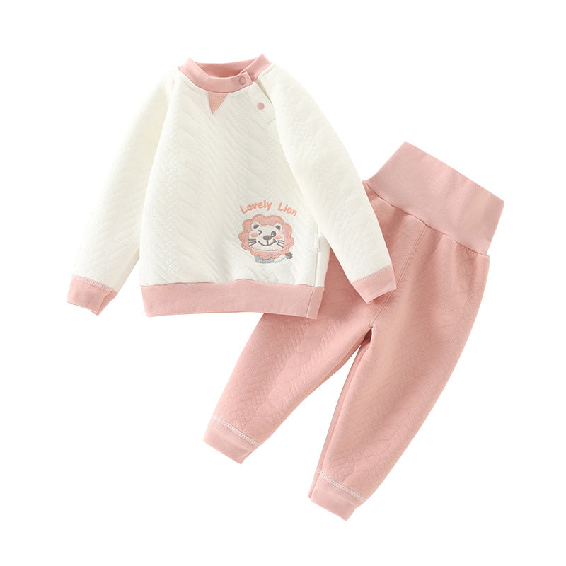 Wholesale baby thermal underwear set, pure cotton thickened quilted, unisex autumn/winter pullover high-waisted belly protection underwear set