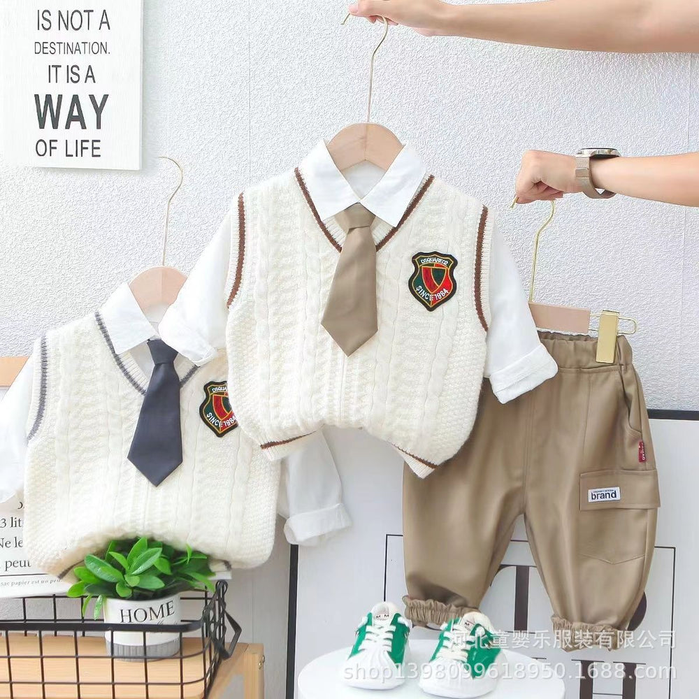Boys' preppy sweater vest spring/autumn outfit - stylish and casual three-piece set for little gentlemen