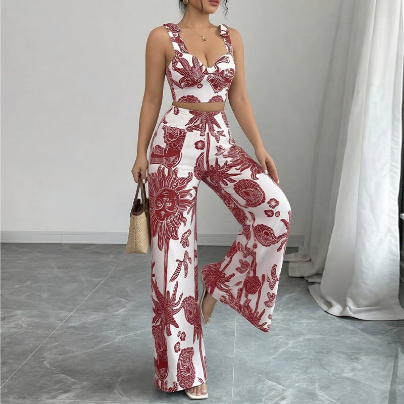summer new women's clothing: cross-border european & american style casual vacation outfit - botanical print tank top & wide-leg pants set