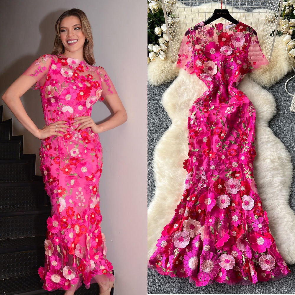 Evening party high-end formal dress women's long dress european and american style 3d floral embroidery slimming mermaid tail