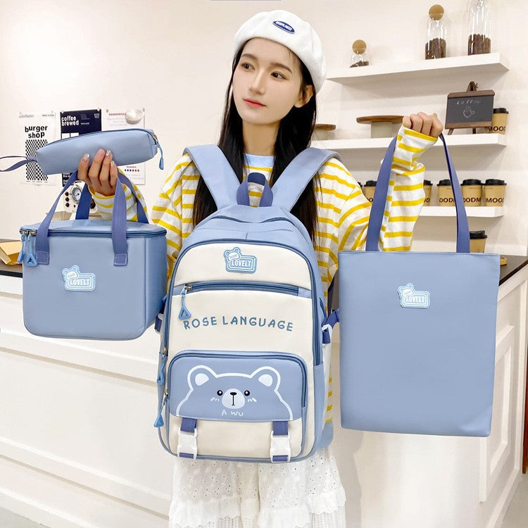 New student schoolbag cute cartoon backpack simple and lightweight large capacity backpack four-piece set for primary and secondary schools