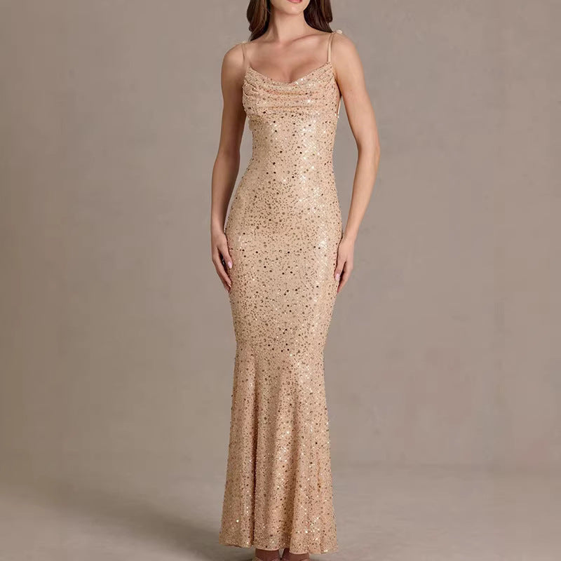 european and american cross-border celebrity style sequin beaded tube top mermaid dress evening party backless slim fit maxi dress