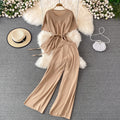 Fashionsuit goddess style asymmetrical round neck waist knittingtopstwo-piece sethigh waistslimming lookloose pantspants
