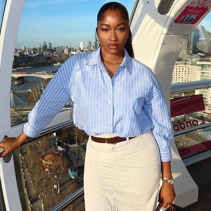 European and american cross-border women's fashion:  autumn new arrival - elegant casual turn-down collar blue striped versatile long-sleeve shirt top