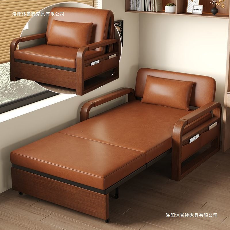 Sofa bed all-in-one dual-purpose lunch break bed retrochinoiserie sofa bed oil wax leather foldable bed multi-functional foldable