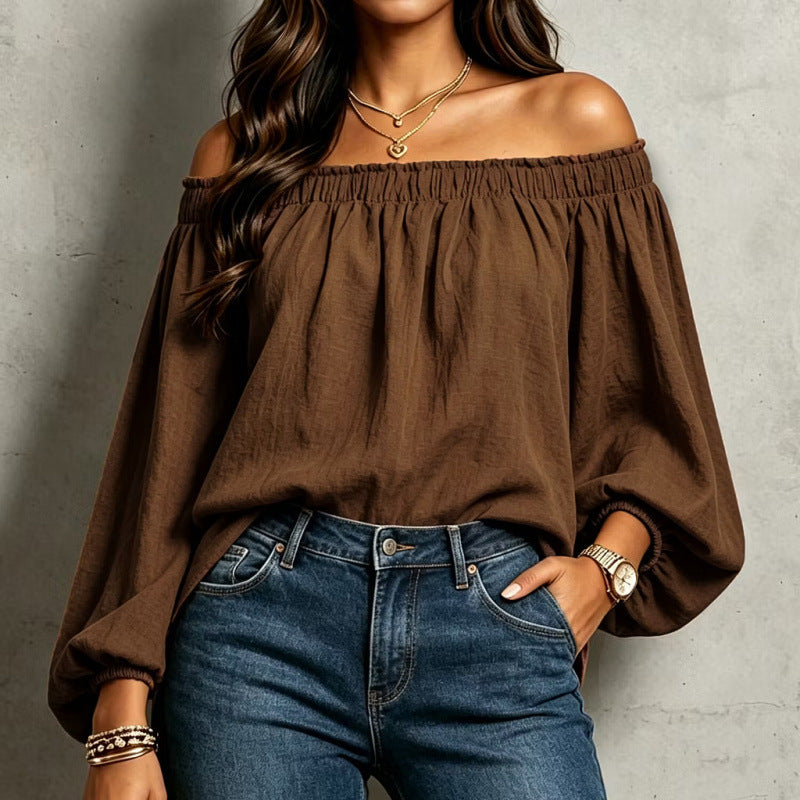new european and american style independent store: sexy off-the-shoulder elasticated loose long-sleeve shirt
