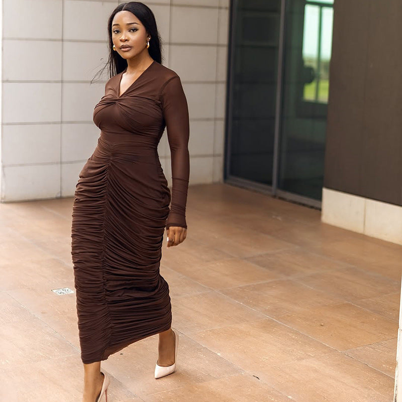 European and american style ins cross-border women's pleated bodycon v-neck bodycon dress long sleeve solid color streetwear one-step dress