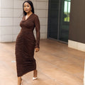 European and american style ins cross-border women's pleated bodycon v-neck bodycon dress long sleeve solid color streetwear one-step dress