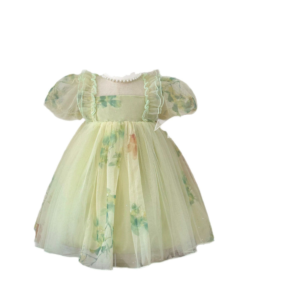 Girls' dress  summer sweet pearl bowknot gown puff sleeve princess dress