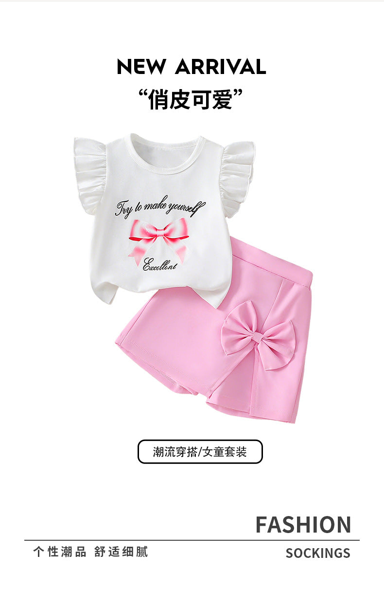 Girls' summer shorts set: flutter sleeve white top & pink bow shorts - perfect for outdoor adventures!
