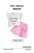 Girls' summer shorts set: flutter sleeve white top & pink bow shorts - perfect for outdoor adventures!