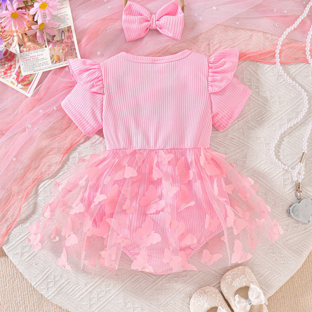 Baby girl cute three flowers stripespatchwork mesh one-piece jumpsuit dress